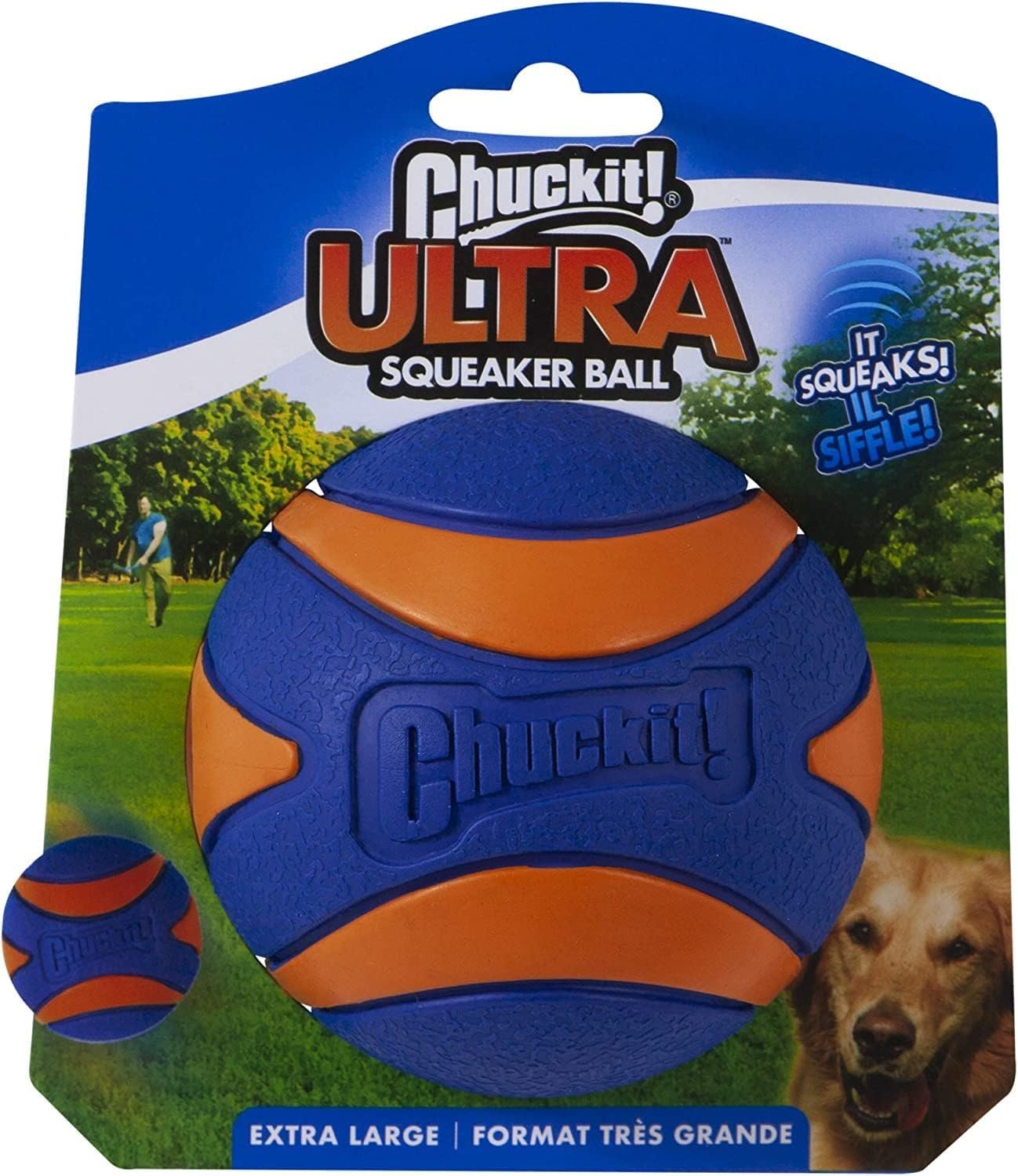 Pelotas para perros. Chuckit! Pelota para perro ultra chirriante, juguete de búsqueda, para perros extra grande de 3.5 pulgadas, para 100 libras y más, 1 paquete